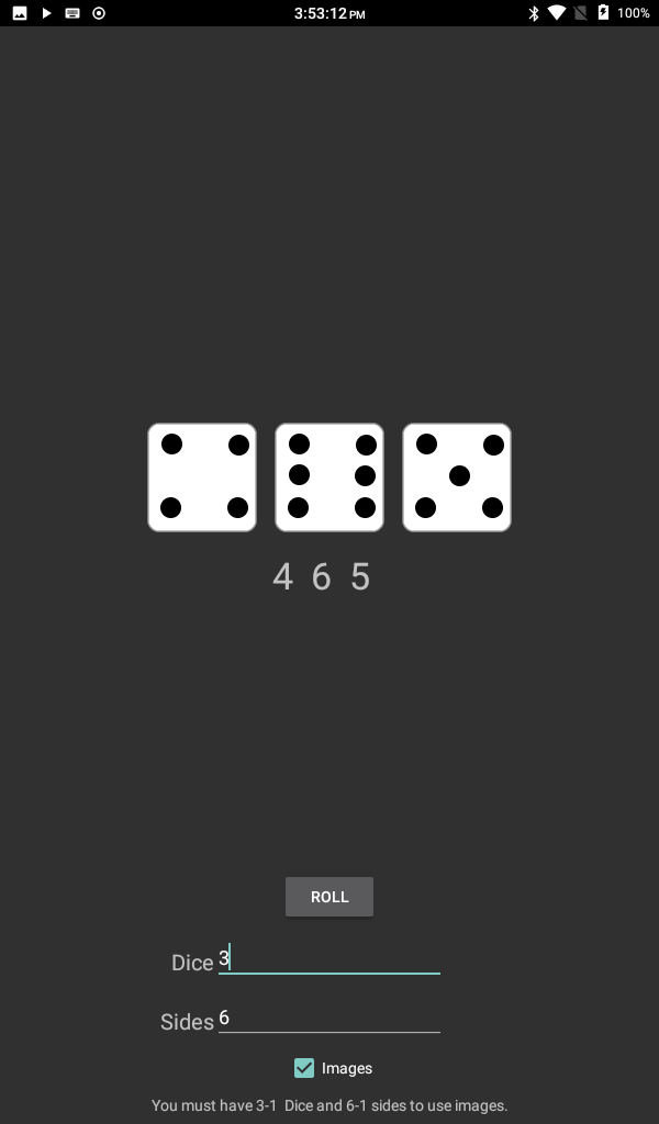 The screenshot of Dice App on a Galaxy Tab 3.